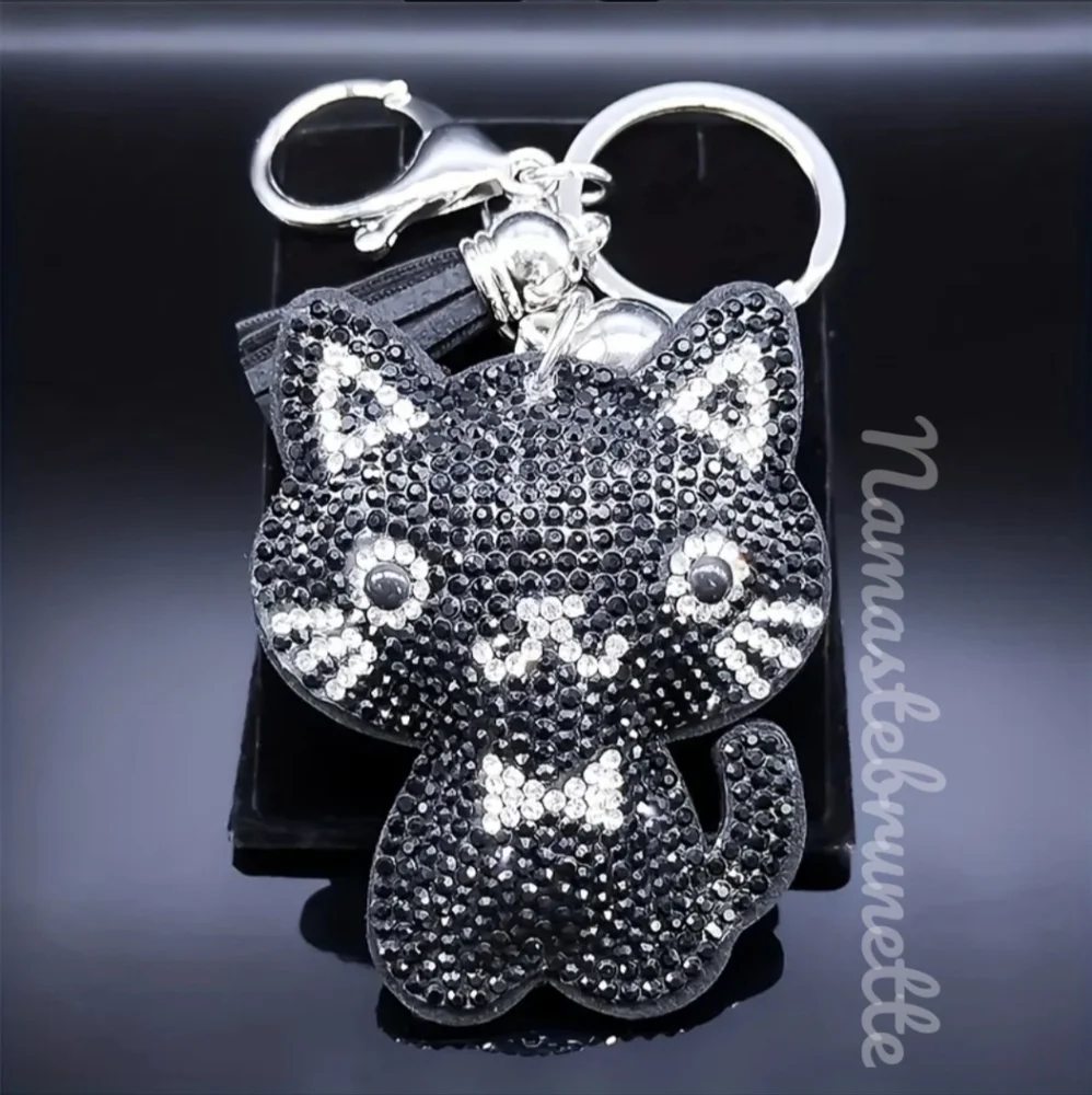 Kitty Cat Crystal Rhinestone Keychain Bag Charm With Black Tassel